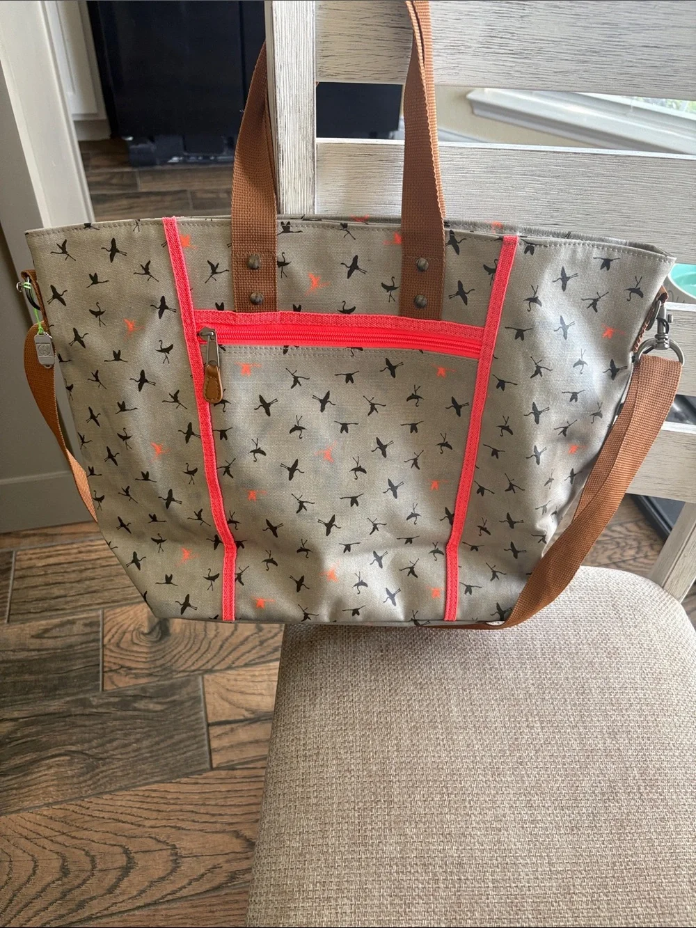 Kavu Tote Bag in Tan with Brown Straps and Coral Accents